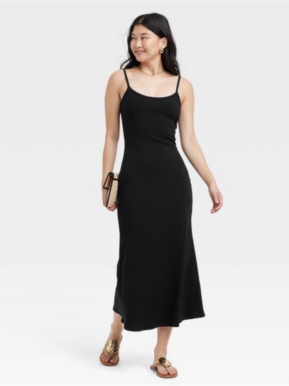 Black Sz S Midi Ribbed Dress Sleeveless Pullover Scoopneck Spaghetti Straps
